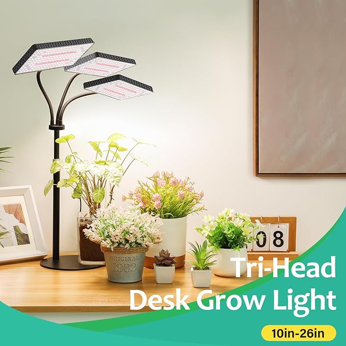 LBW Upgraded Desk Grow Lights for Indoor Plants Tri-Head 642 LEDs Tabletop Full Spectrum Grow Light with 3/6/12H Timer 6 Brightness Levels 3 Lighting Modes Height Adjustable for 10-26 inches