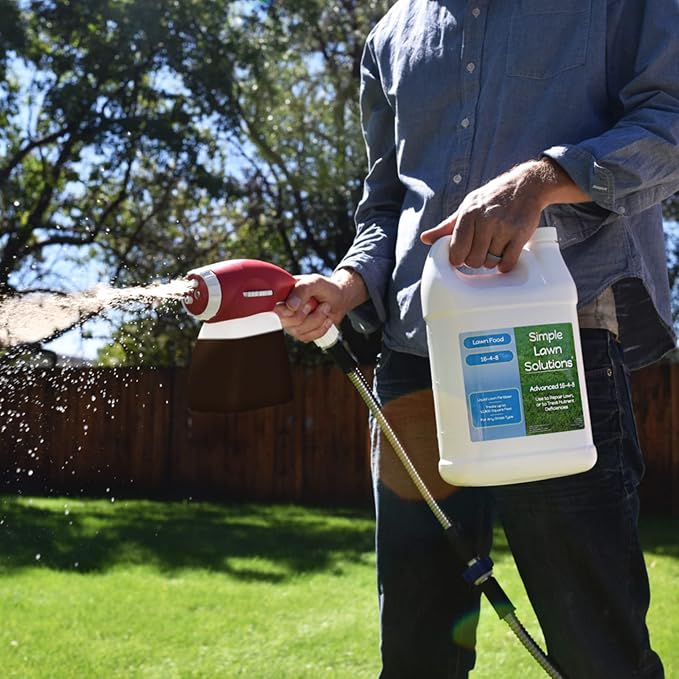 Advanced 16-4-8 Lawn Fertilizer - Liquid Lawn Food Spring &amp Summer Concentrated Spray - Any Grass Type- Fish and Seaweed Kelp- Balanced NPK - Simple Lawn Solutions (1 Gallon)