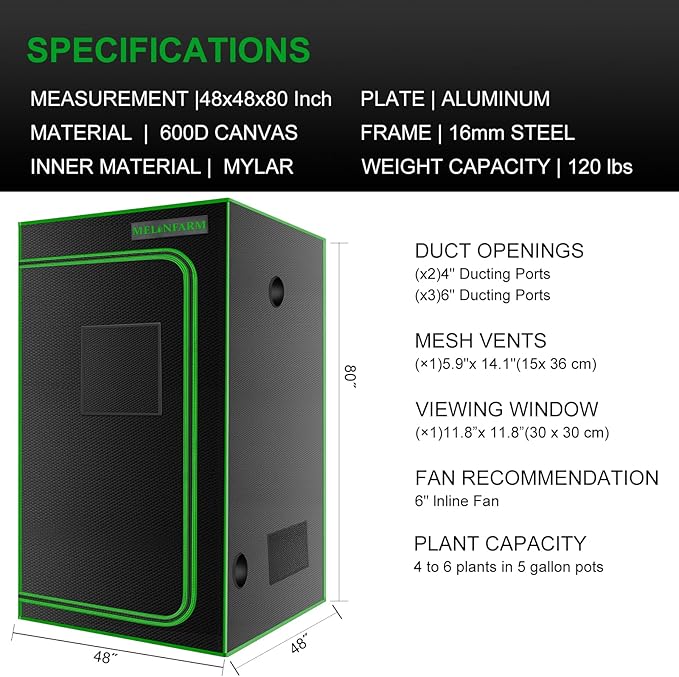 MELONFARM 4x4 Grow Tent 48x48x80'' High Reflective 600D Diamond Mylar Canvas with Observation Window and Floor Tray for Hydroponic Indoor Plant Growing