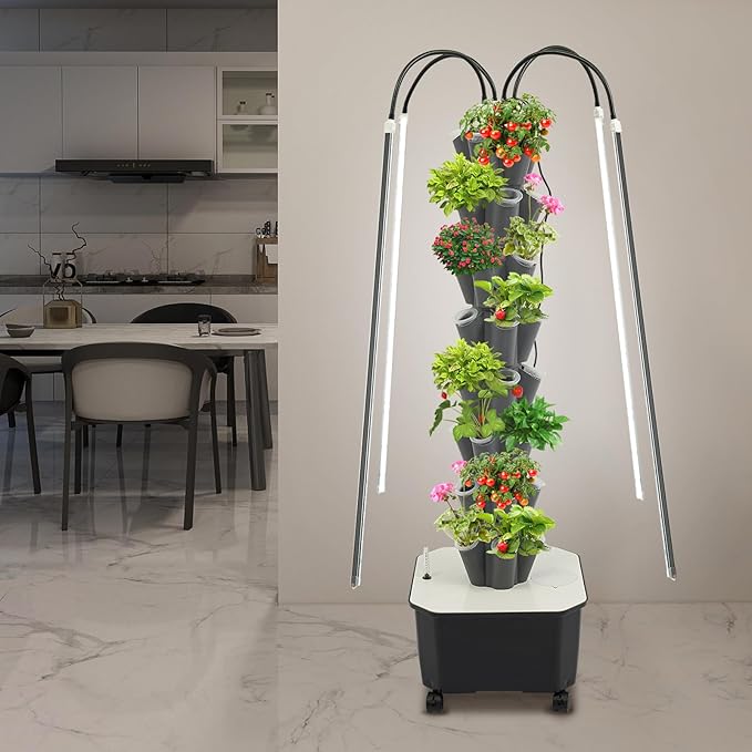 8 Tiers Hydroponics Growing System Kit with LED Grow Lights Hydroponic Tower Lettuce Growing Garden Indoor Herb Garden Vegetable Tower with 40 Planting Holes (Grey)