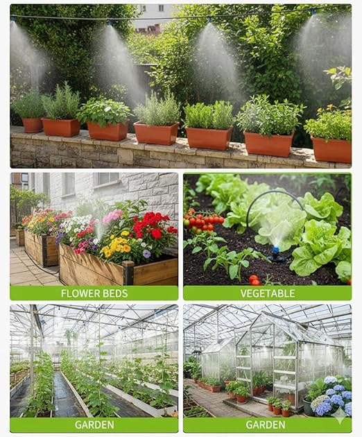 NACNO59FT [Selected Size] Greenhouse Misting Cooling System - DIY Automatic Irrigation Kit for Hanging Plants Patio &amp Garden. Adjustable Atomizing Nozzles with 1/4 Tubing &amp Quick Connector D