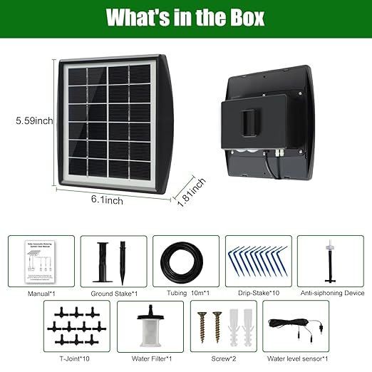 Solar Automatic Drip Irrigation Kit System JIYANG Solar Powered Auto Easy DIY Watering Device Supported Pots Plants 6 Timing Modes with Anti-Siphoning Device (Supported 10 Pots 6Timing Modes)