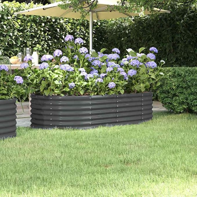 Anthracite Powder-Coated Steel Garden Raised Bed Oval Outdoor Planter Box for Vegetables Herbs Flowers 59.8x31.5x14.2 Inch Durable Metal Garden Bed