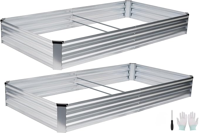 Galvanized Raised Garden Bed Outdoor | Metal Raised Garden Bed for Gardening 2Pack | Large Planter Box for Vegetables Flowers Fruits | Easy Assembly &amp Safety Design Flower Beds 8x4x1ft Silver
