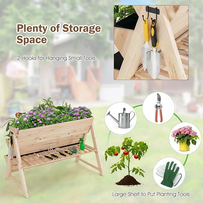 Giantex Raised Garden Bed Vertical Planter with Storage Shelf 3 Tier Elevated Planter Box with Side Hooks Indoor Outdoor Wood Garden Bed for Balcony Garden Lawn (Natural)