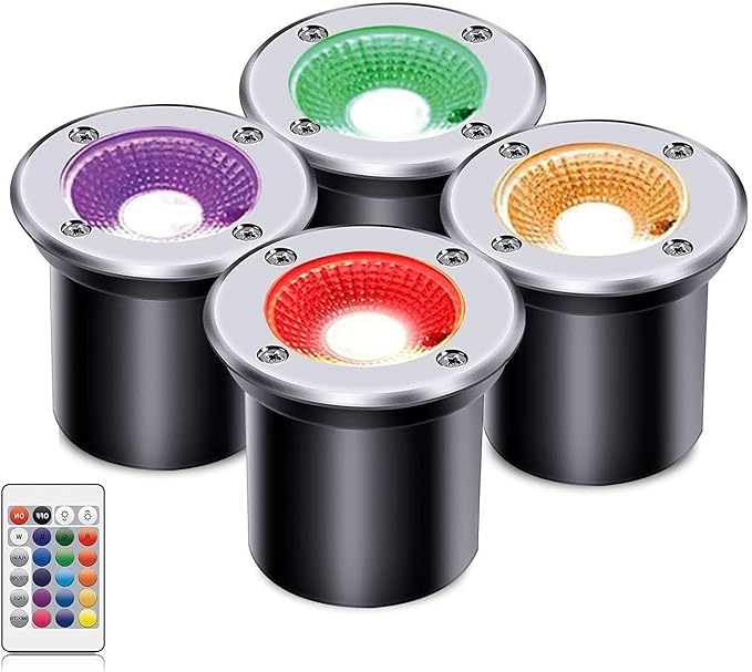 4PCS RGB Outdoor Landscape Spotlight - 3W Low Voltage Recessed LED Lights IP67 Waterproof Garden Lights with Remote Control for Trees and Yards