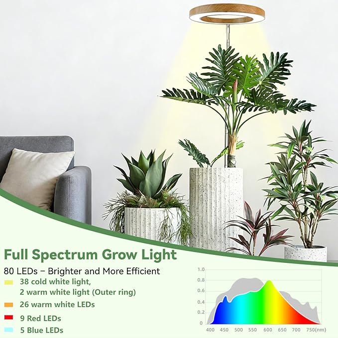 Wood Grain Grow Lights with Base for Indoor Plants Plant Growing Lamp Full Spectrum Plant Lights for Indoor Growing Height Adjustable Small Grow Light
