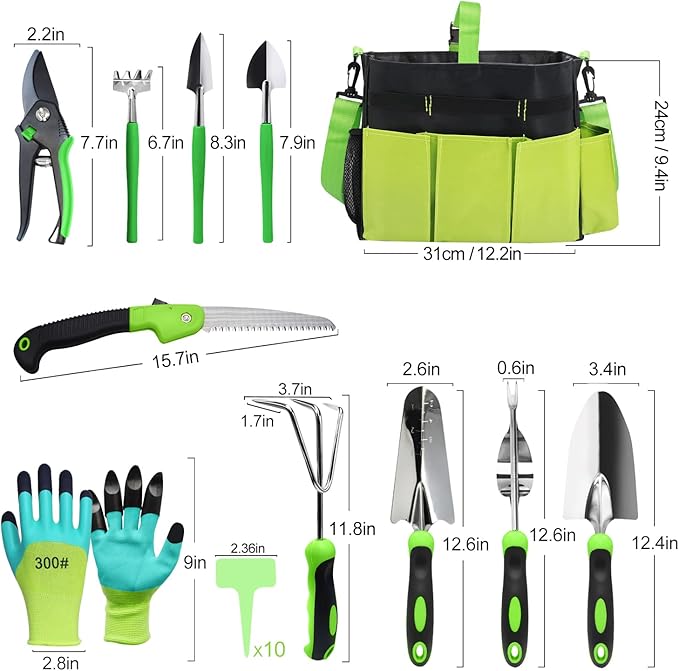 Gardening Tools Set of 11 Heavy Duty Stainless Steel Garden Hand Tools with Tote Bag Rust-Proof Ergonomic Gardening Kit Gifts for Women Men Plant Lover