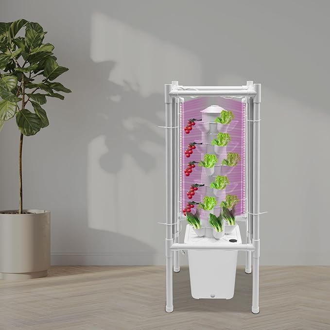 Hydroponic Tower Indoor Garden 6-Tier 30-Pod Soilless Growing System with 360° LED Grow Light &amp 2.64Gal Water Tank Automatic Hydroponic Pods Kit for Herbs Vegetables – 15.4W x 15.4D x 38.2H