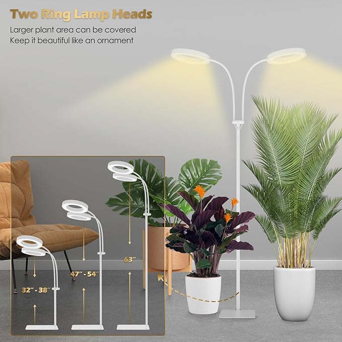 GLOWRIUM Grow Lights for Indoor Plants Full Spectrum LED Grow Light Floor Lamp with Stand Adjustable Height and Angle Black Plant Light with 3/9/12H Grow Light Timer (White 36W)