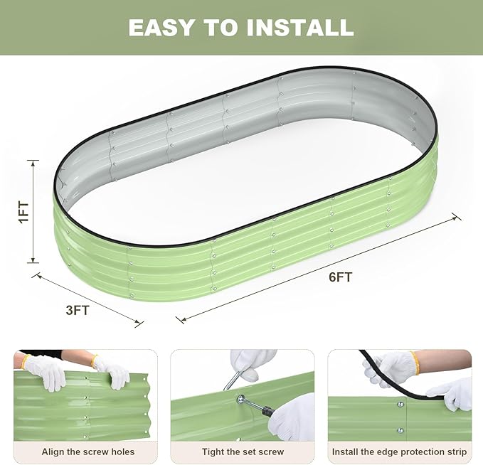 Raised Garden Bed 6x3x1ft Galvanized Outdoor Planter Beds with Safety Edging and Gloves Oval Metal Planter Box for Gardening Vegetables Flowers Herb-Green