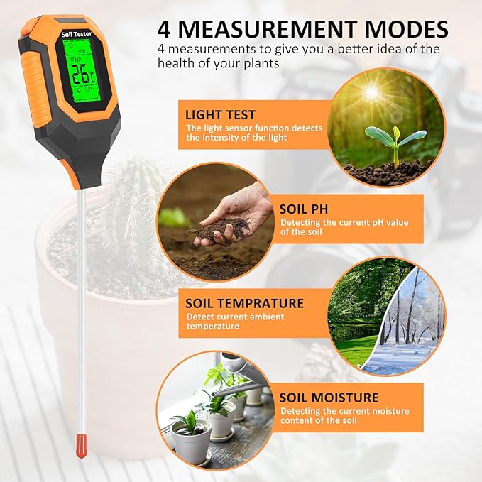 4-in-1 Soil Moisture Meter Digital PH Meter/Soil Moisture/Plant Temperature/Sunlight Intensity Backlight LCD Display Soil Test Meter for Garden Lawn Plant Care Farm and Indoor Outdoor Plants