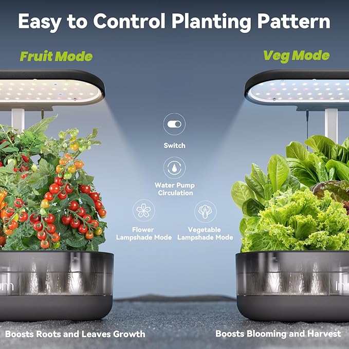 inbloom 12 Pods Hydroponics Growing System Kit Herb Garden Planter Indoor Kit Indoor Gardening Hydroponics Growing System with 4.2L Water Pump Height Adjustable Gifts for Woman Transparent Black