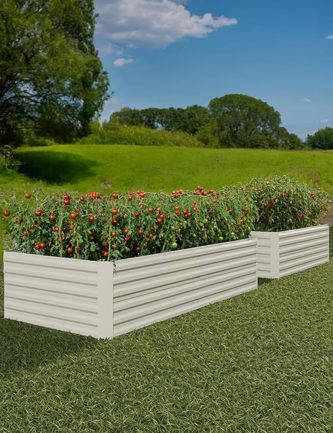 2 PCS Galvanized Raised Garden Bed 8 x 4 x 2 Ft 24 Inch Tall Metal Planter Box Set for Flowers Herbs Vegetables Rust Resistant Outdoor Raised Beds for Garden Patio Yard Beige