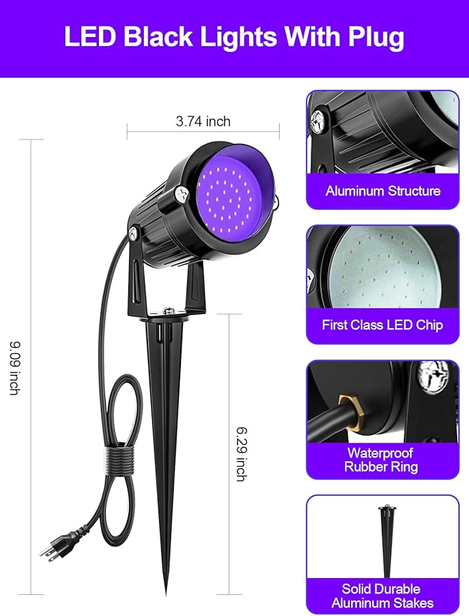 ZUCKEO Outdoor Blacklight Spotlight LED Spot Black Light with US Plug 15W IP66 Landscape Black Lights Fixtures for Glow Party Body Paint Fluorescent Poster Yard Garden House Decorating(4Pack)