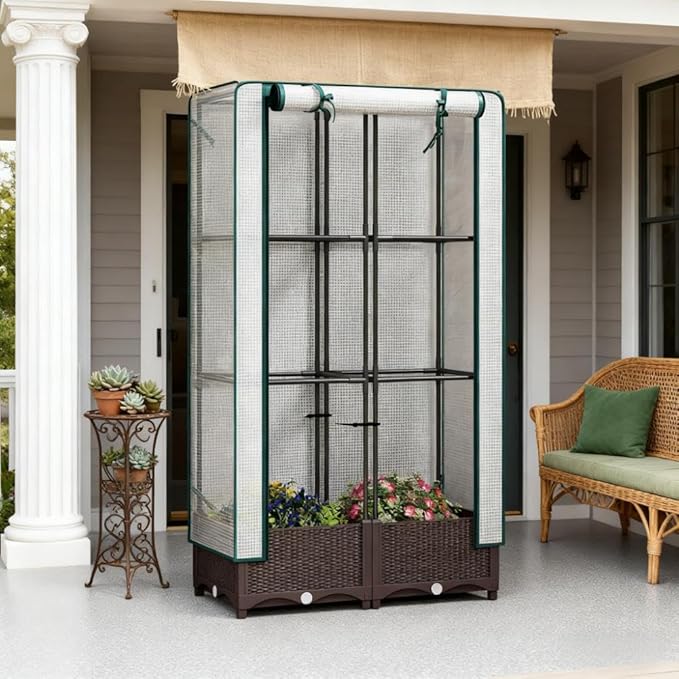 Outdoor Plant BoxGarden Bed with Trelliswith CoverDrainage Holes and Zipper Door