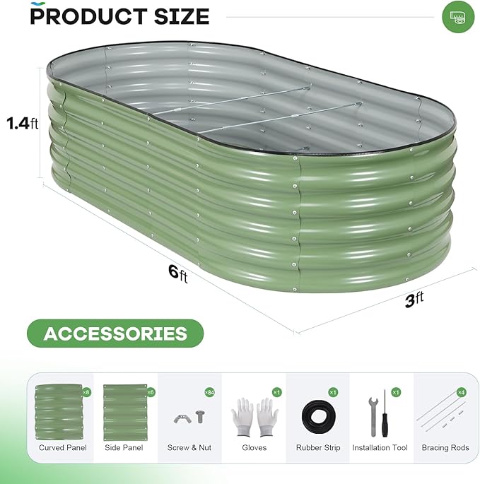 Galvanized Raised Garden Bed Outdoor 6x3x1.4ft Oval Metal Raised Beds for Gardening Rust-Resistant Garden Planter Box for Planting Vegetables Flowers Fruits in Lawn(Olive Green 2 Packs)