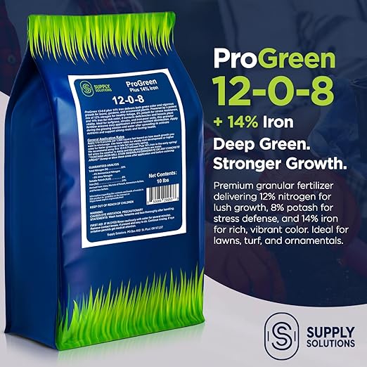 Supply Solutions | ProGreen 12-0-8 Plus 14% Iron | Granular Lawn and Garden Fertilizer - Plant Food Support for Deep Green Color and Stronger Roots - Perfect Spring Boost for Lawns (10 Pounds)