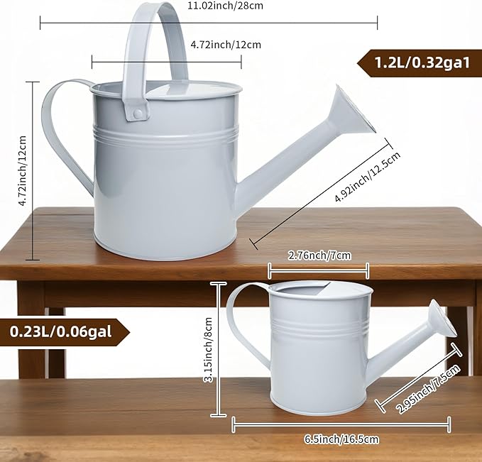 Small Metal Watering Can Set Pink 1.2L and 0.23L Garden Cans with Long Spout Indoor Outdoor Plant Care (White)