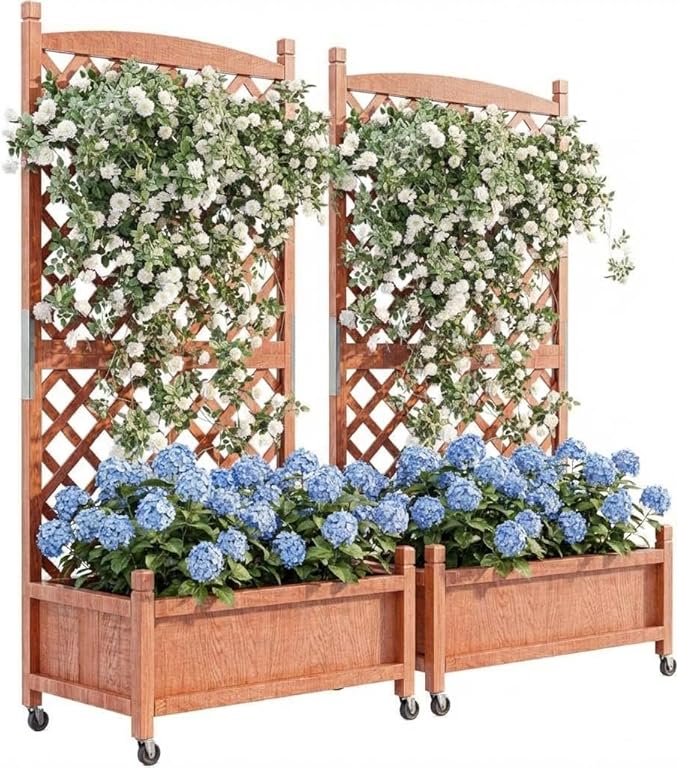 IDEALHOUS Large Raised Garden Bed with Trellis &amp Wheels 61 Wooden Mobile Planter Box with Drainage Hole Freestanding Vertical Planter for Outdoor Indoor Patio Lawn Herbs Flowers Vegetables 2 P