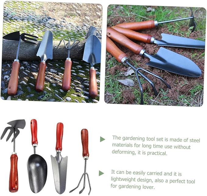 Garden Tool Set 4pcs Small Garden Shovels and Hand Rake Mini Metal Trowel for Planting and Weeding Sturdy Gardening Supplies for Home and Outdoor Use