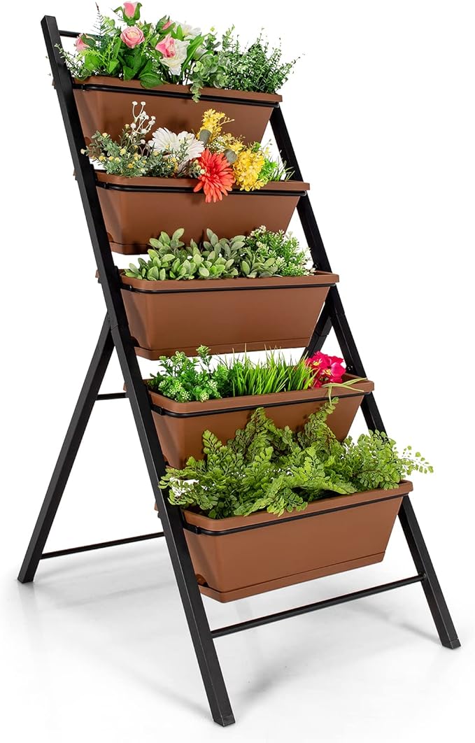 Giantex Vertical Planter Raised Bed Elevated Garden Beds with Water Drainage Hole Freestanding 5 Container Boxes for Herb Vegetables Flowers Growing Outdoor Indoor Patio Balcony (Brown 1)