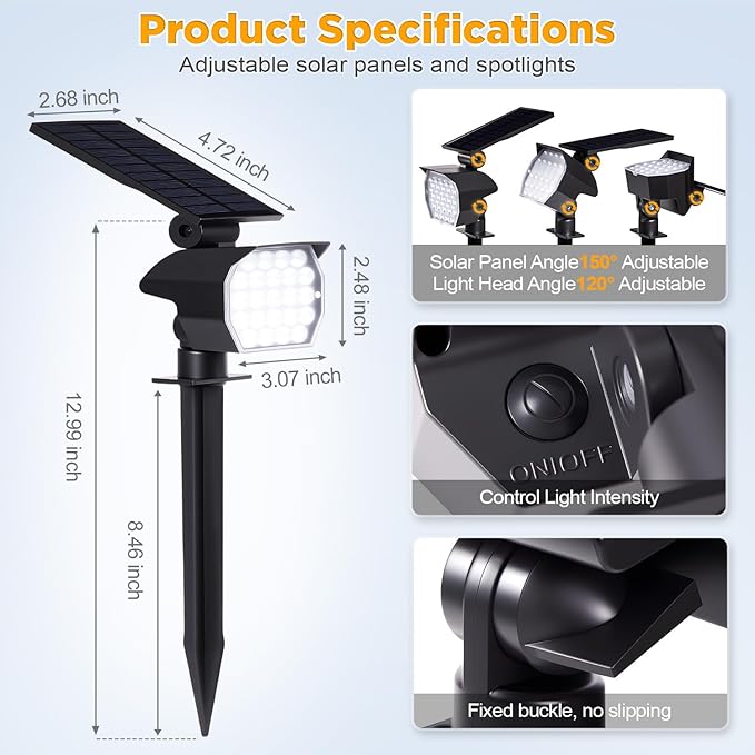 23 LED Solar Spot Lights Outdoor Waterproof 2 Pack Solar Lights UP to 20Hrs 3 Brightness Levels Spotlight Landscape Lighting Auto ON/Off Outdoor Solar Lights for Yard Garden Lawn (Cool White)