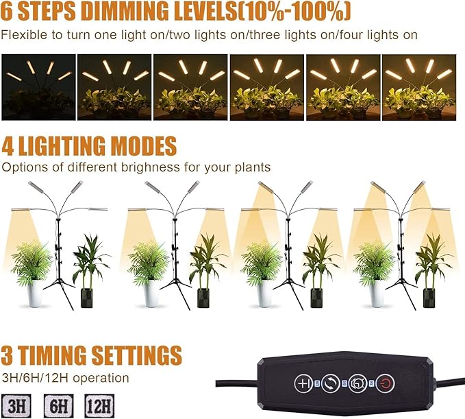 LED Grow Lights for Indoor Plants 420 LEDs Full Spectrum Plant Lights for Indoor Growing with 15-63 inches Adjustable Tripod Stand 4 Heads Floor Grow Lamp with 3/6/12H Auto On/Off Timer Function