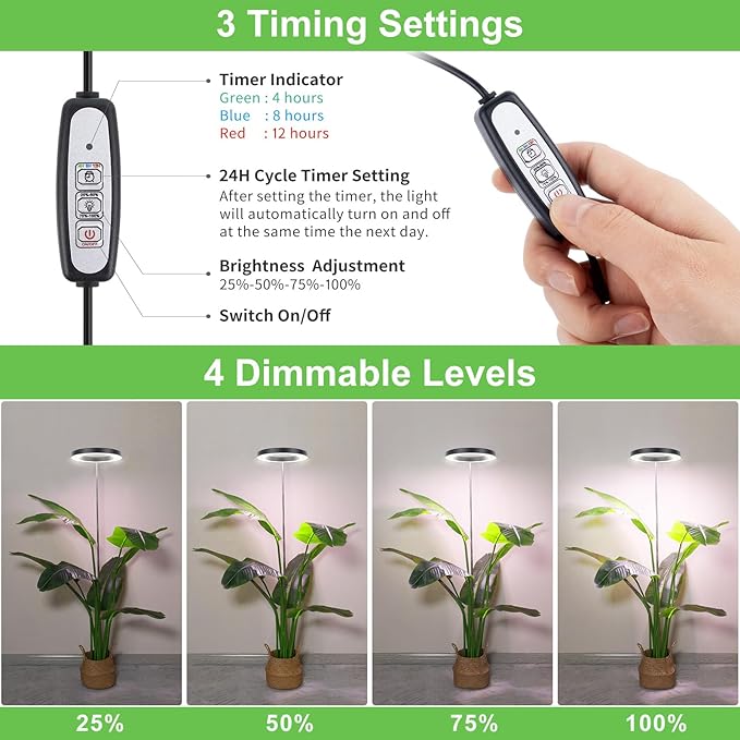 LBW Plant Grow Light 72 LEDs Full Spectrum Grow Lights for Indoor Plants Plant Lamp with 4 Dimmable Levels 4/8/12H Timer 10.4”-59”Height Adjustable Halo Plant Lamp for Tall Plants Black 2 Pack