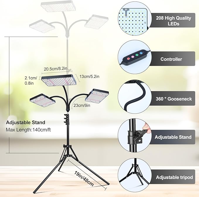 3Head Grow Light with Stand 75 Watt Bright Enough and Big Coverage Natural Sunlight Full Spectrum Plant Growing Lamps for Tall&ampLarge Indoor Plants Bonsai Tree 4/8/12/16/20H 5-Mode Timer