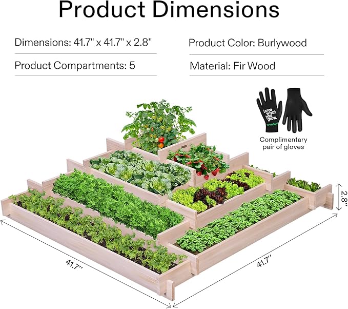 VIVOSUN 5-Tier Wooden Raised Garden Bed 42 x 42 x 14 Inches Outdoor Wood Planter Box with Gloves and Liner for Garden Patio Balcony Backyard and Outdoors