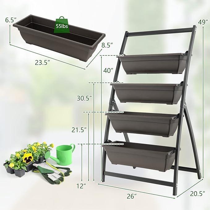Giantex 4.1FT Vertical Raised Garden Bed 4-Tier Elevated Planter Box w/4 Containers &amp Drainage Holes Indoor Outdoor Freestanding Planter for Vegetables Herbs Flowers Heavy-Duty Metal Frame