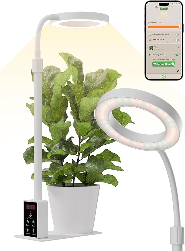 GLOWRIUM Smart LED Grow Lights for Indoor Plants G4 12W Full Spectrum 3500K with Grow lamp Bluetooth App Control 10-Level Dimming Gooseneck Height Adjustable 16-23 Auto Timer (White 12W)