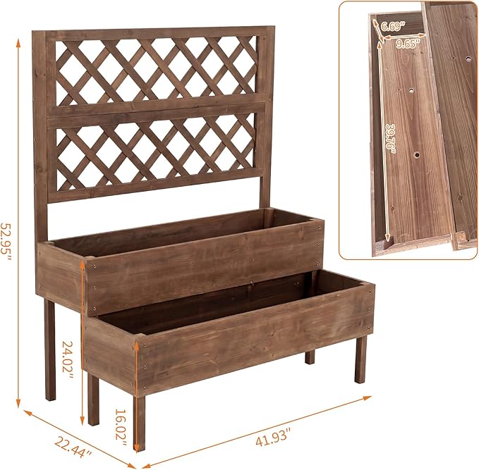 Garvee Raised Garden Bed with Trellis 2-Tier Outdoor Wooden Elevated Planter Box with Legs &amp Drainage Holes Vertical Planter Box Stand for Backyard Patio Balcony Brown