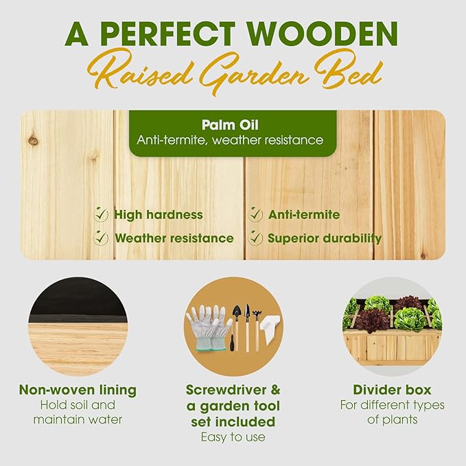 Idzo Raised Garden Bed with Legs Durable Elevated Garden Box with Wax Oil Coated 36x36x24in Wood Planter with Big Planter Box Load Up to 200 Pounds Ergonomic Height for Convenient Plants Care