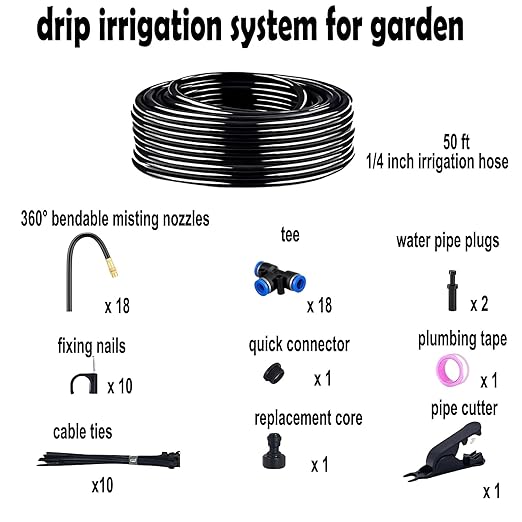Drip Irrigation System for Garden 50 ft Garden Watering System Drip Irrigation Kit with 18pcs 360° Bending Mister Nozzles for Lawn Yard Flower Green Houses Plants