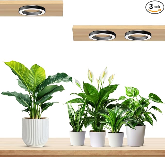 Wiaxulay 6.3” Ceiling Plant Grow Light 252 LED Full Spectrum Halo Grow Lights for Indoor Plants 12V/3A Under Cabinet Grow Lamp with 6/12/16 Hrs 3 Lighting Mode 5 Dimmable Levels Tri Head