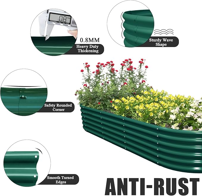 4 Pack 8x3x1.5FT Galvanized Raised Garden Bed Kit Oval Metal Ground Planter Box Outdoor Bottomless Planter Raised Beds for Vegetables Flowers Herbs Fruits Green