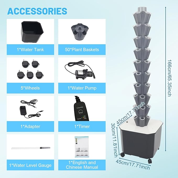 10 Layer Hydroponic Towers Growing System 50 Pods Hydroponic Grow Towers Kit with Water Pump and Movable 11.89Gal Water Tank Indoor/Outdoor for Vegetable Strawberries Lettuce (Grey)
