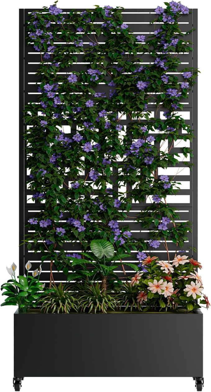 Metal Planter Box with Trellis &amp 4 Wheels Mobile Raised Garden Bed with Privacy Screen for Climbing Plants and Vegetables