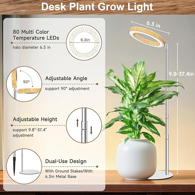Grow Lights for Indoor Plants Full Spectrum Plant Lights for Indoor Growing with 6/12/16H Timer 3 Optional Spectrums5 Dimmable Levels Height Adjustable 9.8-37.4 Wood Grain Desk Grow Lamp