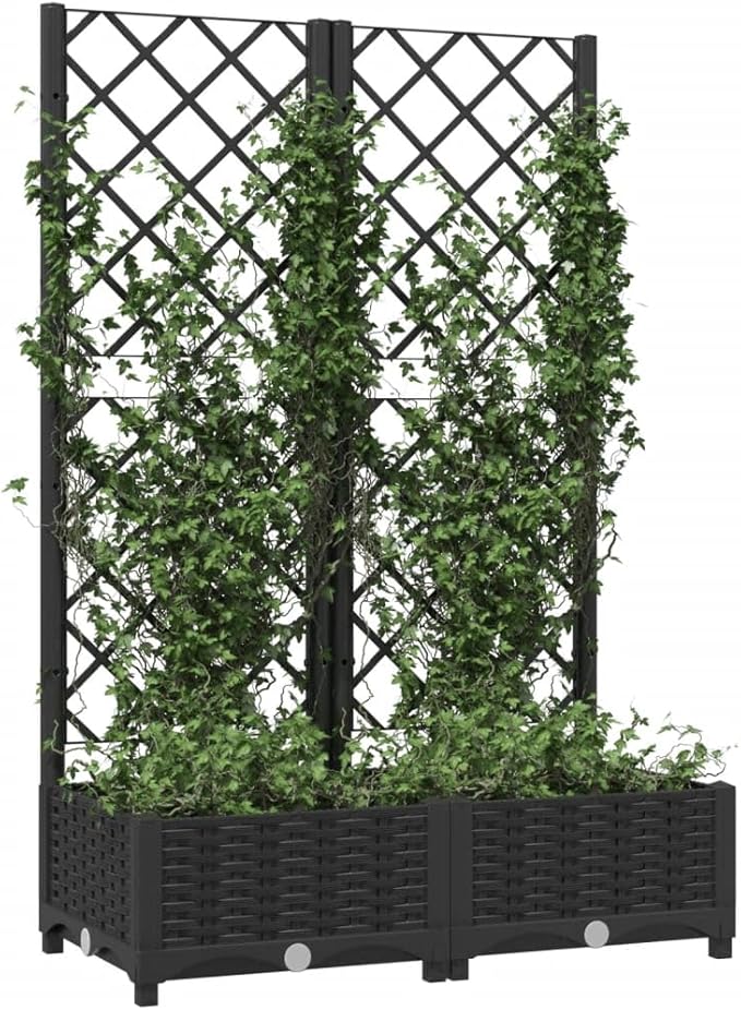 Black Garden Planter with Trellis 31.5x31.5x47.8 in Durable Matte Polypropylene Raised Outdoor Flower Box for Patio Balcony Terrace