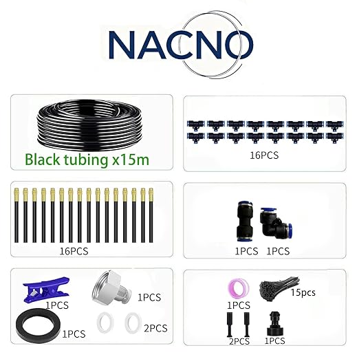 50ft Drip Irrigation Kit Garden Watering System with 360° Adjustable Brass Nozzles &amp Flexible Mist Tubing DIY Automatic Plant Waterer for Greenhouse Patio Lawn Flower Bed (1/4 Hose)