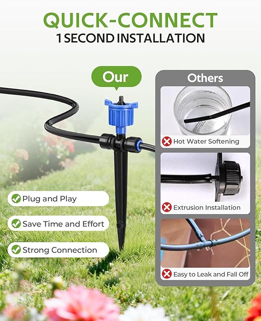 HIRALIY 100FT Pressure Compensated Drip Irrigation System with Timer No-Leak Quick Connect Automatic Watering System 24 Adjustable Emitters for Uniform Flow Garden Patio Raised Bed