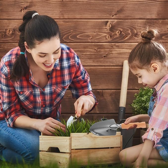 Garden Tools Set 4pcs with Wooden Handles Small Garden Shovel Narrow Trowel 3-Prong Cultivator for Planting
