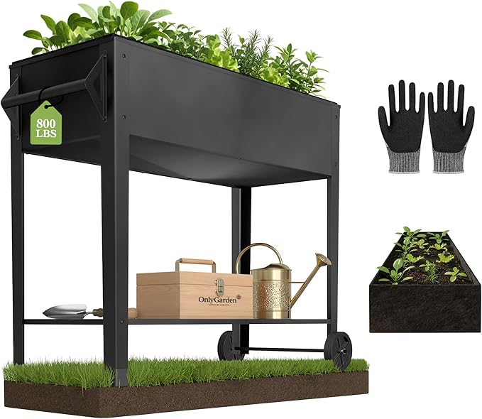 Elevated Raised Garden Bed 31.5 Tall 1mm Thick Metal Planter Box with Grow Bag Legs Storage Shelf for Gardening 700lbs Capacity Rolling Outdoor Cart on Wheels for Vegetable Flower Herb