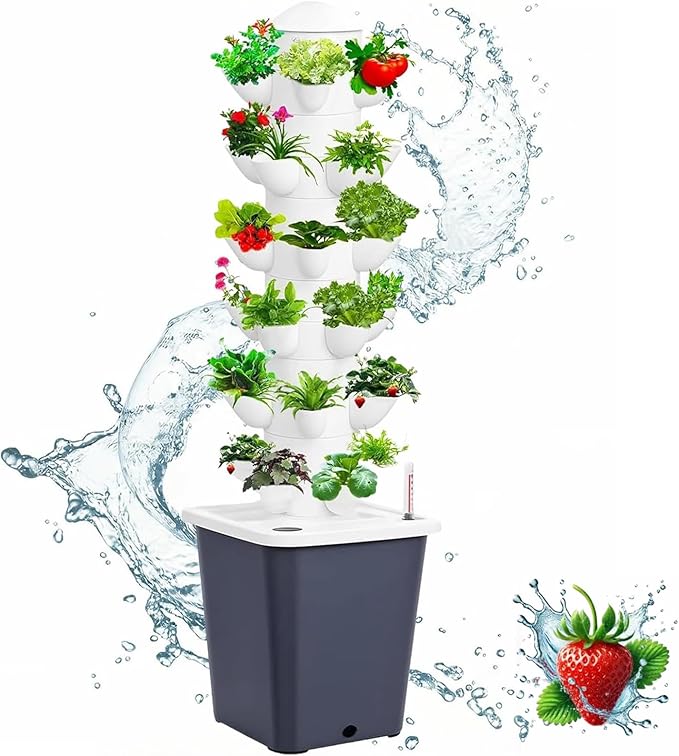Vertical Hydroponic Tower Garden Growing System - Indoor Planter Kit with 30 Pods Aeroponic-Style Tower for Herbs Vegetables Lettuce &amp Strawberries Home Countertop Grow System Gray