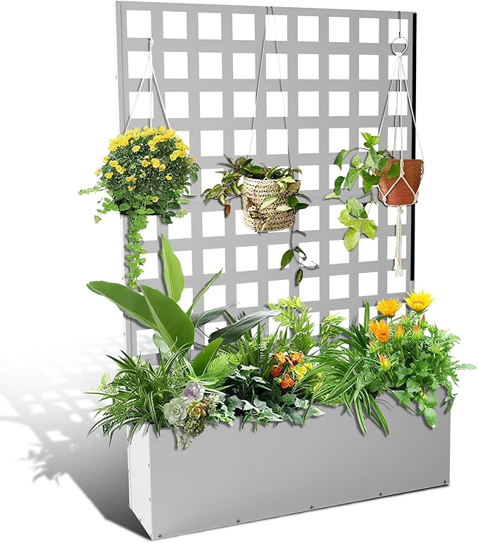 Metal Raised Garden Bed with Trellis - Tall Trellis Planter Box for Climbing Plants Vegetables &amp Vines Outdoor Privacy Planters for Patio 72.83x46.46x11.81 White