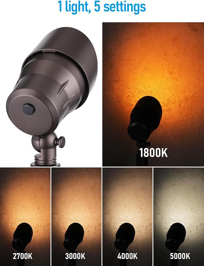 LEONLITE 5CCT Low Voltage LED Landscape Spotlight Update 1800K2700K3000K4000K5000K Selectable 5W 12V Pathway Lights Outdoor CRI90 Aluminum Spot Lights for Garden ETL IP65 Waterproof Pack of 6