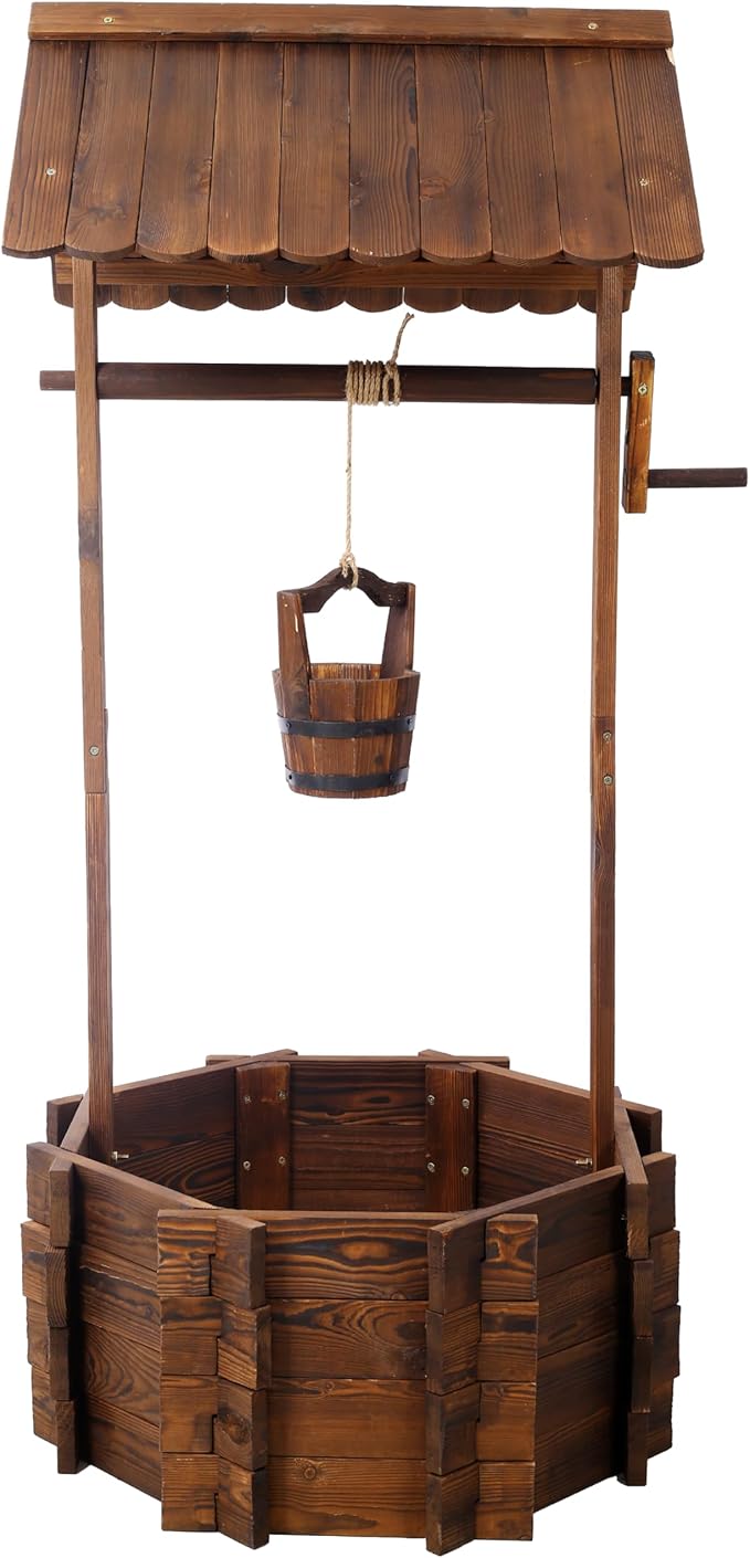 Rustic Wooden Wishing Well Planter Outdoor Home Décor for Patio Garden Yard wHanging Bucket